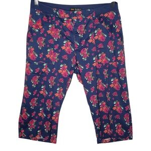 Lee Relaxed Fit Mid Rise Floral Capri Pants Size 12 Blue Elastic Waist Pockets
